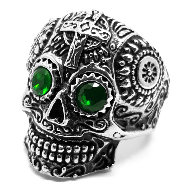 Bague tête de mort mexicaine Acier Argent Yeux verts bobijoo