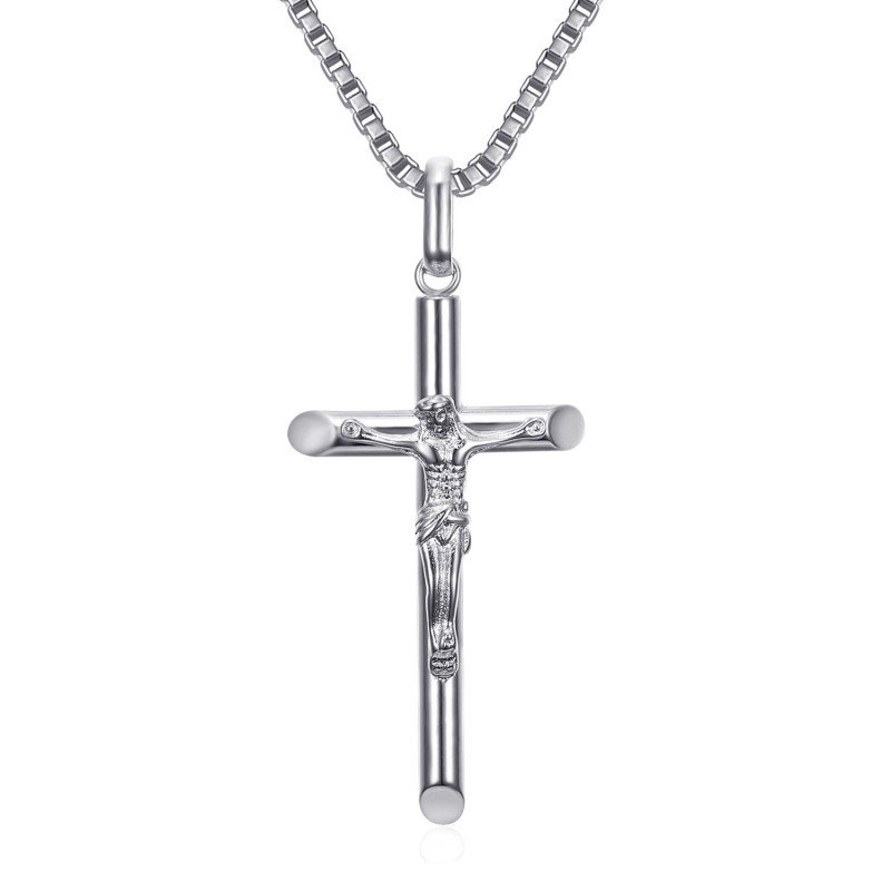 Chaine offerte 24" 7MM Pendentif Collier Croix Jesus Christ Argent Homme 