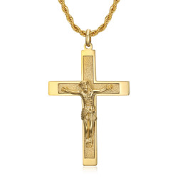 Pendentif croix avec Christ, 55mm Acier & Or, chaîne torsadée