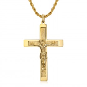 PE0346 BOBIJOO Jewelry Kreuzanhänger mit Christus, 55 mm Stahl & Gold, gedrehte Kette