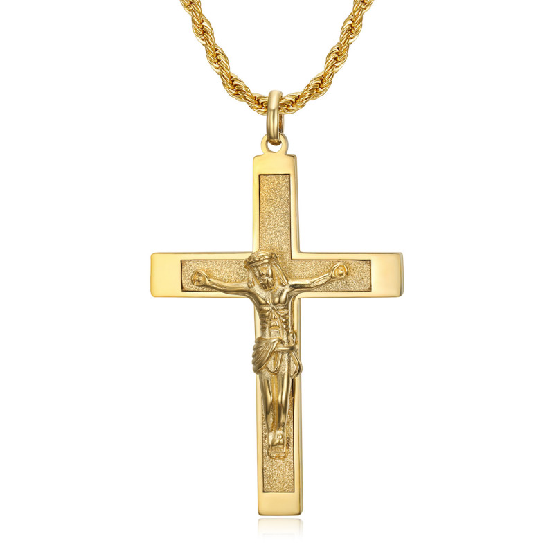 Pendente a croce con Cristo, 55mm Acciaio e Oro, catena intrecciata bobijoo