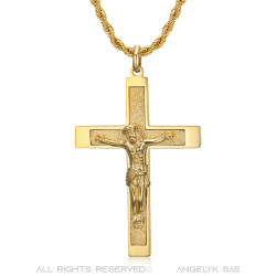 Pendente a croce con Cristo, 55mm Acciaio e Oro, catena intrecciata bobijoo