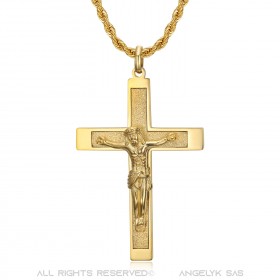 Pendente a croce con Cristo, 55mm Acciaio e Oro, catena intrecciata bobijoo