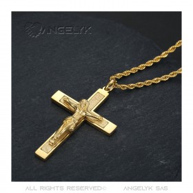 PE0346 BOBIJOO Jewelry Cross pendant with Christ, 55mm Steel & Gold, twisted chain