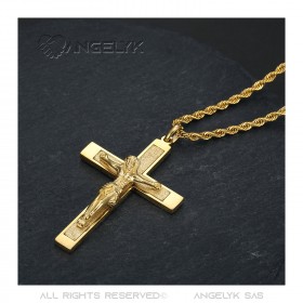 Pendente a croce con Cristo, 55mm Acciaio e Oro, catena intrecciata bobijoo