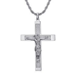 Pendentif croix avec Christ, 55mm Acier argenté, chaîne torsadée
