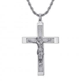Pendentif croix avec Christ, 55mm Acier argenté, chaîne torsadée bobijoo