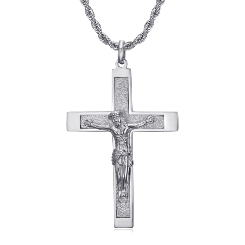 Pendente croce con Cristo, 55mm Acciaio argentato, catena intrecciata bobijoo