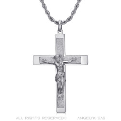 Pendente croce con Cristo, 55mm Acciaio argentato, catena intrecciata bobijoo