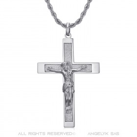 Pendentif croix avec Christ, 55mm Acier argenté, chaîne torsadée bobijoo