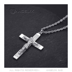 PE0346S BOBIJOO Jewelry Cross pendant with Christ, 55mm Silver-plated steel, twisted chain