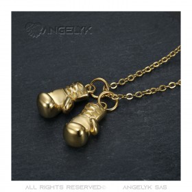 PE0347 BOBIJOO Jewelry Double boxing glove pendant Gold Stainless steel Chain 60cm