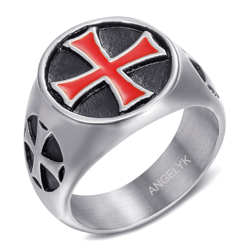 Chevalière templier Bague ordre du temple Croix rouge Acier Argent bobijoo