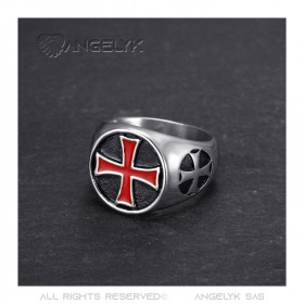 Chevalière templier Bague ordre du temple Croix rouge Acier Argent bobijoo