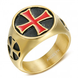 BA0131 BOBIJOO JEWELRY Templar signet ring Temple order Red Cross Steel Gold