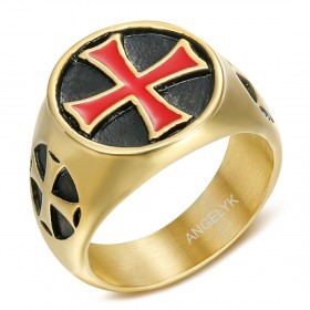 BA0131 BOBIJOO JEWELRY Anillo sello Templario orden Temple Cruz Roja Acero Oro