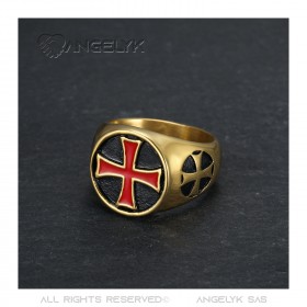 BA0131 BOBIJOO JEWELRY Templar signet ring Temple order Red Cross Steel Gold