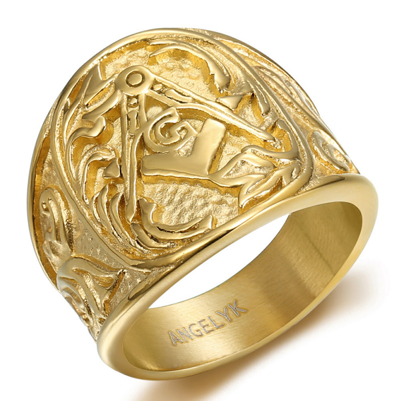 BA0247 BOBIJOO JEWELRY Men's Freemason Ring G Signet Ring Stainless Steel and Gold