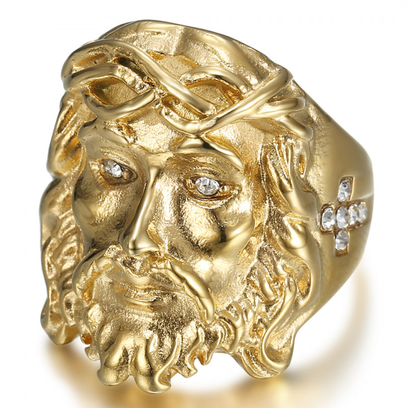 BA0214 BOBIJOO JEWELRY Ring Jesus Face of Christ Cross Stainless Steel Gold Diamond