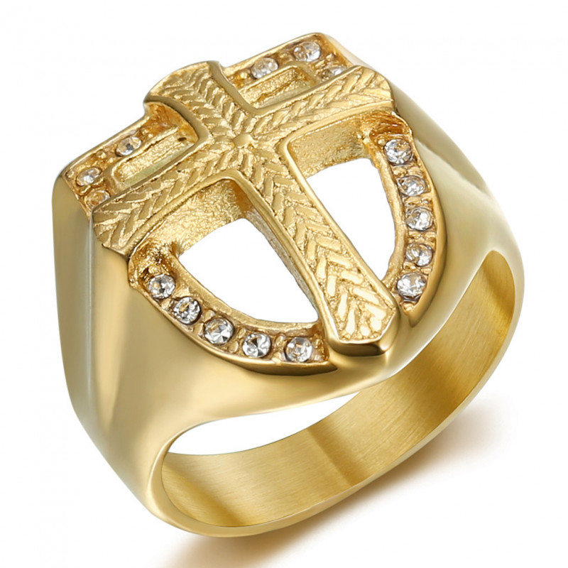 BA0226 BOBIJOO JEWELRY Ring Kreuz Siegelring Wappenschild Stahl Gold Diamant