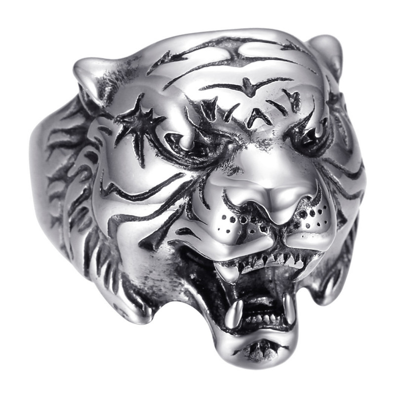 BA0346 BOBIJOO JEWELRY Tiger ring Stainless steel Silver Vintage black