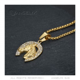 PE0136 BOBIJOO JEWELRY Pendant Horseshoe Elvis Strass Gypsy Steel Gold Chain