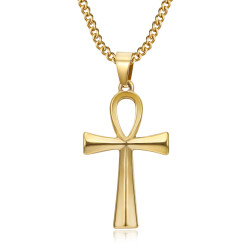 PEF0037 BOBIJOO JEWELRY Cross of life pendant 40mm Stainless Steel Gold Necklace