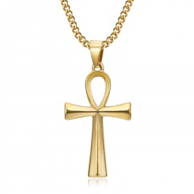 PEF0037 BOBIJOO JEWELRY Colgante cruz de la vida 40mm Collar de oro de acero inoxidable