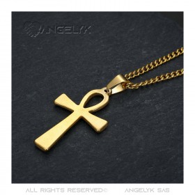 PEF0037 BOBIJOO JEWELRY Cross of life pendant 40mm Stainless Steel Gold Necklace