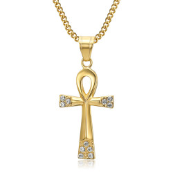PE0052 BOBIJOO JEWELRY Colgante cruz de la vida 40mm Collar de acero inoxidable con diamantes dorados