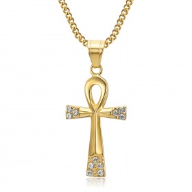 Croix de vie pendentif 40mm Acier inoxydable Or Diamants Collier bobijoo