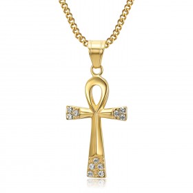 PE0052 BOBIJOO JEWELRY Cross of life pendant 40mm Stainless Steel Gold Diamonds Necklace