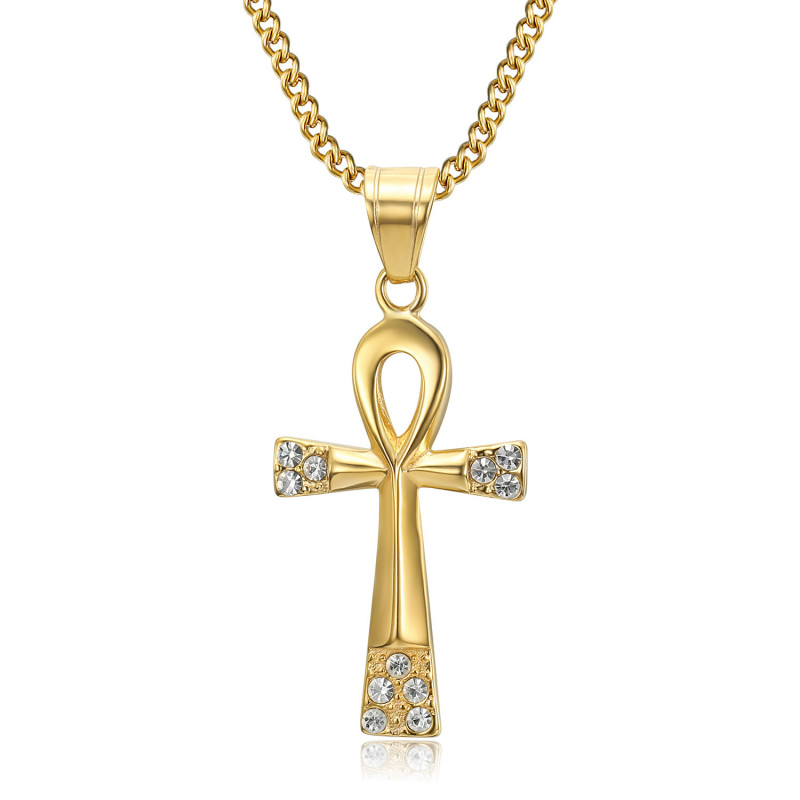 Croix de vie pendentif 40mm Acier inoxydable Or Diamants Collier bobijoo