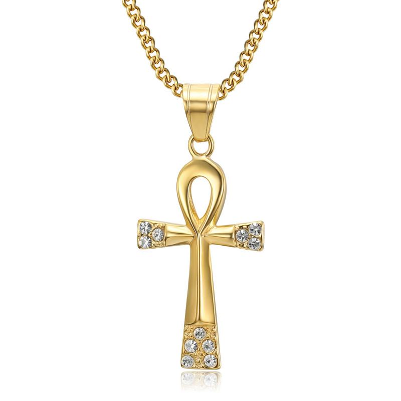 PE0052 BOBIJOO JEWELRY Cross of life pendant 40mm Stainless Steel Gold Diamonds Necklace