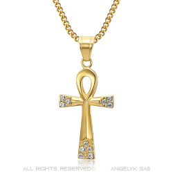 PE0052 BOBIJOO JEWELRY Kreuz des Lebens Anhänger 40mm Edelstahl Gold Diamanten Halskette