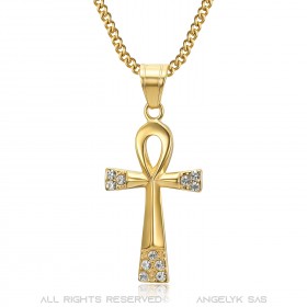 Croix de vie pendentif 40mm Acier inoxydable Or Diamants Collier bobijoo