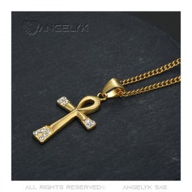 PE0052 BOBIJOO JEWELRY Colgante cruz de la vida 40mm Collar de acero inoxidable con diamantes dorados