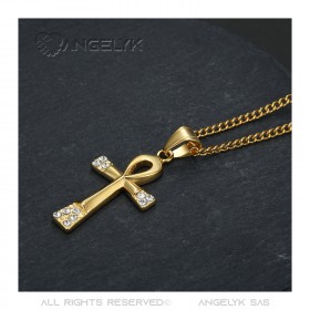 Croix de vie pendentif 40mm Acier inoxydable Or Diamants Collier bobijoo