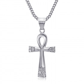 PE0052S BOBIJOO JEWELRY Cross of life pendant 40mm Stainless steel Diamonds Necklace