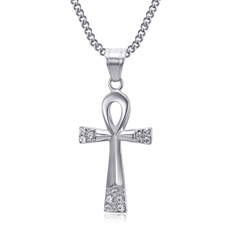 PE0052S BOBIJOO JEWELRY Cross of life pendant 40mm Stainless steel Diamonds Necklace