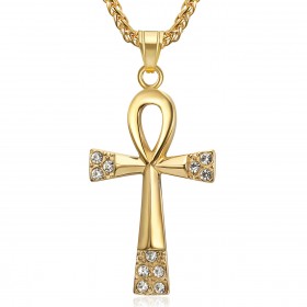 PE0124 BOBIJOO JEWELRY Cross of life pendant 60mm Stainless Steel Gold Diamonds Necklace