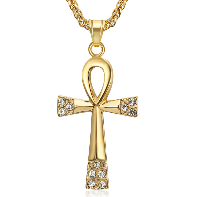 PE0124 BOBIJOO JEWELRY Cross of life pendant 60mm Stainless Steel Gold Diamonds Necklace