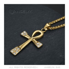 PE0124 BOBIJOO JEWELRY Colgante cruz de la vida 60mm Acero inoxidable Collar de diamantes dorados