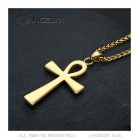 PE0124 BOBIJOO JEWELRY Cross of life pendant 60mm Stainless Steel Gold Diamonds Necklace