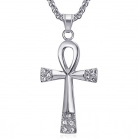 PE0125 BOBIJOO JEWELRY Cross of Life Pendant 60mm Stainless Steel Silver Diamonds Necklace