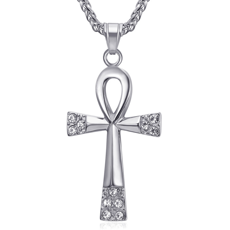 Croix de vie pendentif 60mm Acier inoxydable Argent Diamants Collier bobijoo