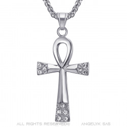 Croix de vie pendentif 60mm Acier inoxydable Argent Diamants Collier bobijoo
