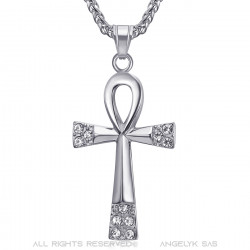 PE0125 BOBIJOO JEWELRY Kreuz des Lebens Anhänger 60 mm Edelstahl-Silber-Diamant-Halskette