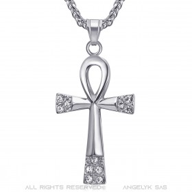 Croix de vie pendentif 60mm Acier inoxydable Argent Diamants Collier bobijoo
