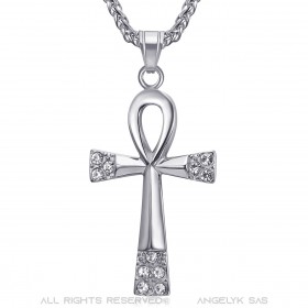 PE0125 BOBIJOO JEWELRY Cross of Life Pendant 60mm Stainless Steel Silver Diamonds Necklace